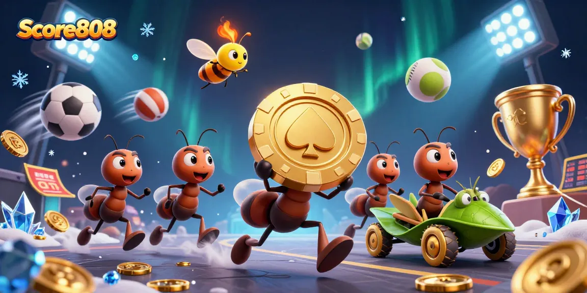 Score808 hosts a vibrant scene with 3D cartoon ants running a heist while carrying a golden poker chip amidst sports elements and dynamic activity.