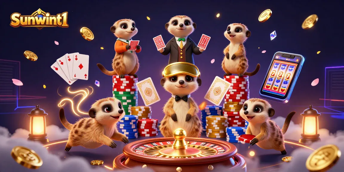 Experience the thrilling atmosphere of sunwint1 with meerkats running an elaborate casino operation, featuring vibrant gaming elements.