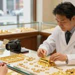Expert évaluant le cours de l'or dans une bijouterie, ambiance chaleureuse.