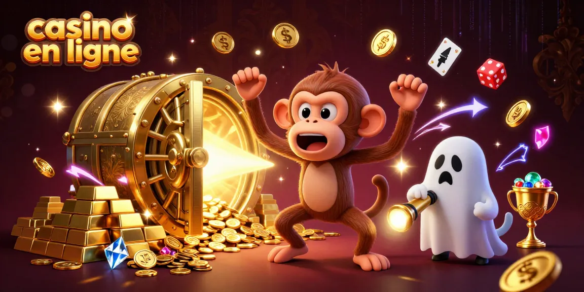 Une illustration 3D avec un singe poltergeist et un chiot chasseur de fantômes au casino en ligne.
