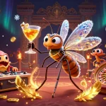 Bolaslot99 showcases a captivating illustration with a frozen mosquito mascot, a trilobite DJ, and a golden roulette wheel.