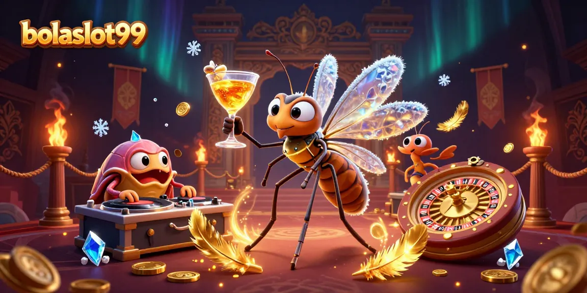 Bolaslot99 showcases a captivating illustration with a frozen mosquito mascot, a trilobite DJ, and a golden roulette wheel.