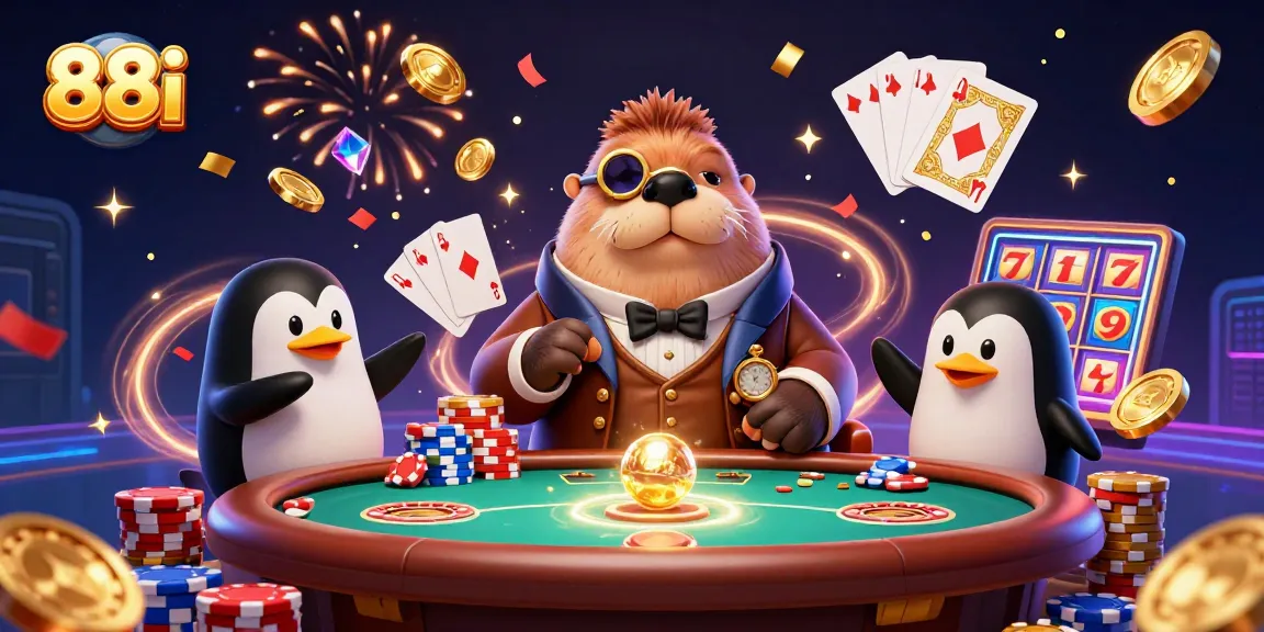 Engage with 88i's underwater poker table scene featuring a jolly walrus, sophisticated penguin dealer, and a bluffing pufferfish.