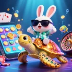 LUCKY88 brings excitement with a lucky rabbit and golden turtle in a vibrant casino scene.