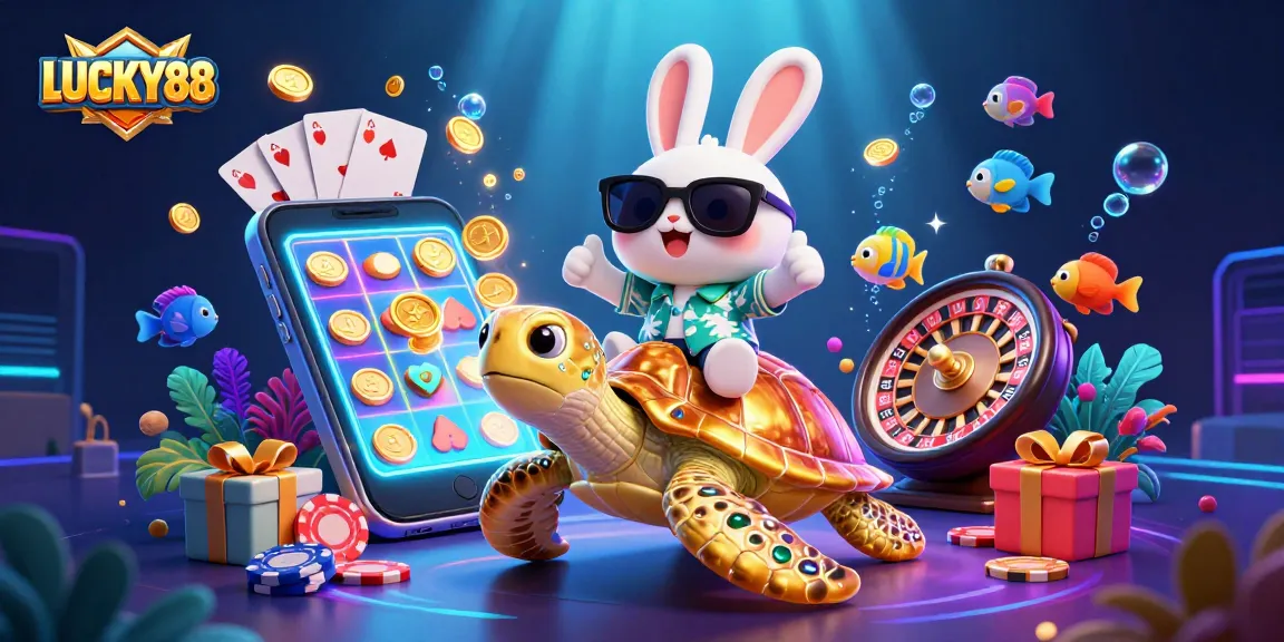 LUCKY88 brings excitement with a lucky rabbit and golden turtle in a vibrant casino scene.