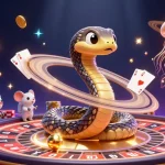 Engage with topnhacaimoi's vibrant cosmic casino scene featuring a Saturn ring snake as a roulette wheel.