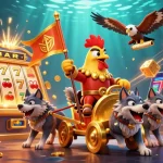Experience the thrill of Nhà cái Kuwin with a vibrant 3D casino scene featuring a golden war chariot, slot machine, and dynamic elements.