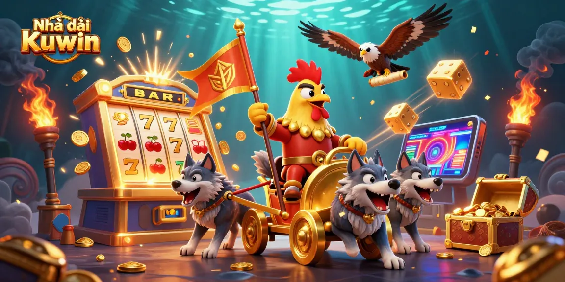 Experience the thrill of Nhà cái Kuwin with a vibrant 3D casino scene featuring a golden war chariot, slot machine, and dynamic elements.