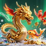 Promotion d'un casino en ligne avec un dragon chinois et un poisson doré au cœur des jeux d'argent.