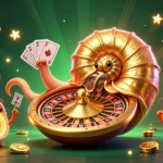 Illustrez le vibrant monde du casino en ligne avec un nautilus géant et des éléments de jeux brillants.