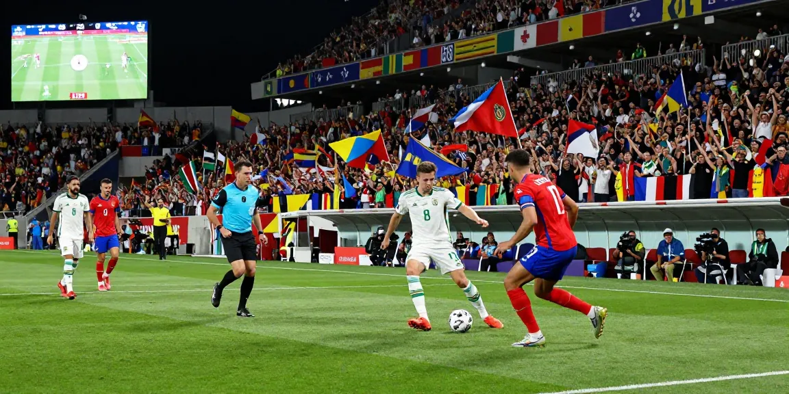 Prediksi piala dunia 2026 saat pertandingan sepak bola yang mendebarkan dengan penggemar penuh semangat.