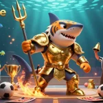 Socolive showcases thrilling underwater sports betting action with a shark in gladiator armor.