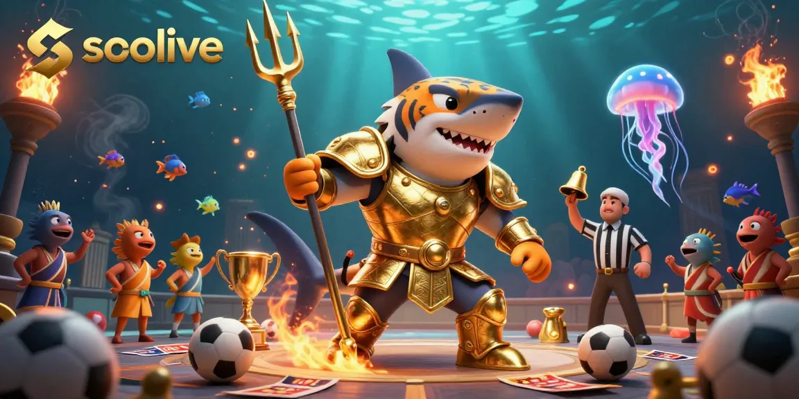 Socolive showcases thrilling underwater sports betting action with a shark in gladiator armor.